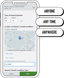 Mobile device with geolocation showing area of health and safety software being used.