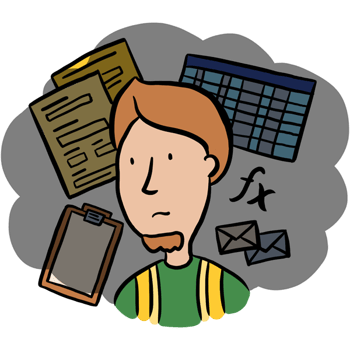 Illustration of user Dean who is surrounded by Paper forms and outdated software.