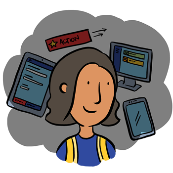 Illustration of user Maha who is surrounded by health and safety software Assure