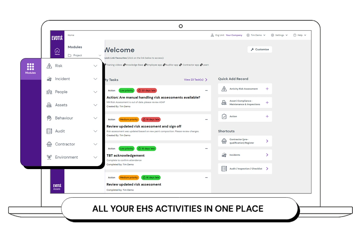 Mange all EHS activites through Evotix Assure
