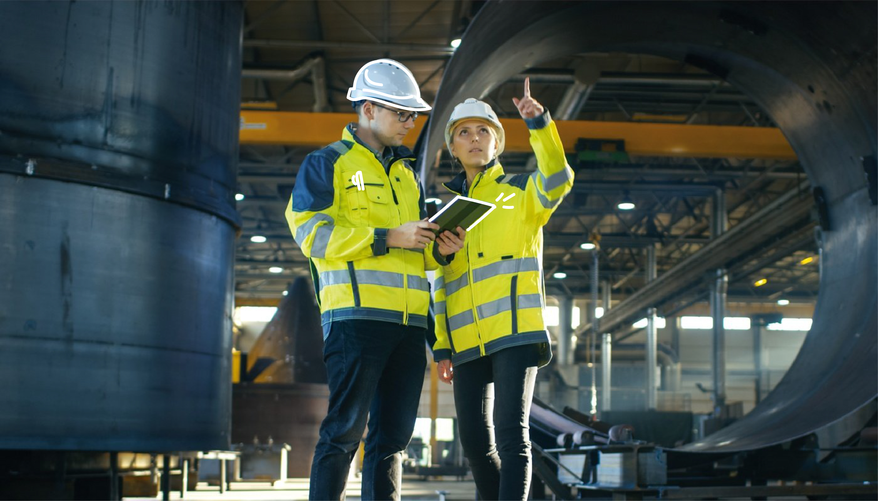 Doodled Image 11_Man and woman_Hi Vis and Hard Hats