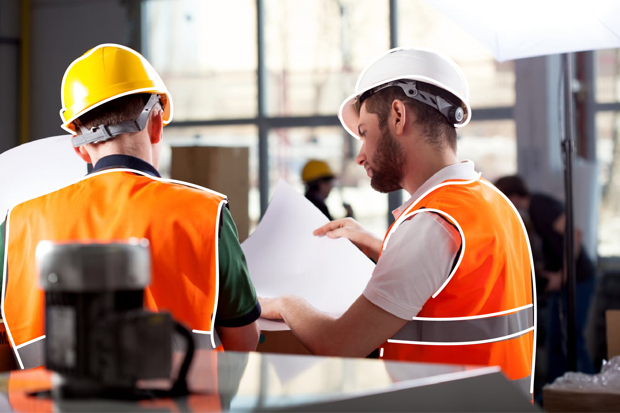 Two men in high vis and hard hats